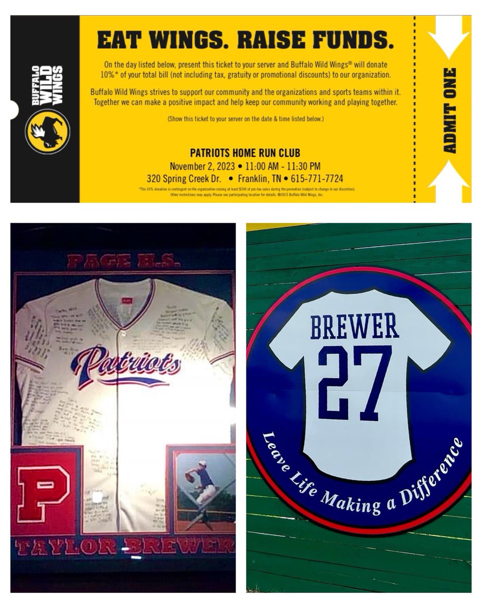 PagePatriotsHRC's tweet photo. THIS WEEK!  NO COOK THURSDAY!
Page Baseball &amp; the Brewer family invite you to join them in celebrating &amp; honoring the life of Taylor Brewer Nov 2 at BWW🔴Show below ticket or mention Taylor Brewer Night &amp; Page Baseball to your server. @wcsPHSkar @wcsPHSathletics @PHSBooster https://t.co/kPvcJhs0ht
