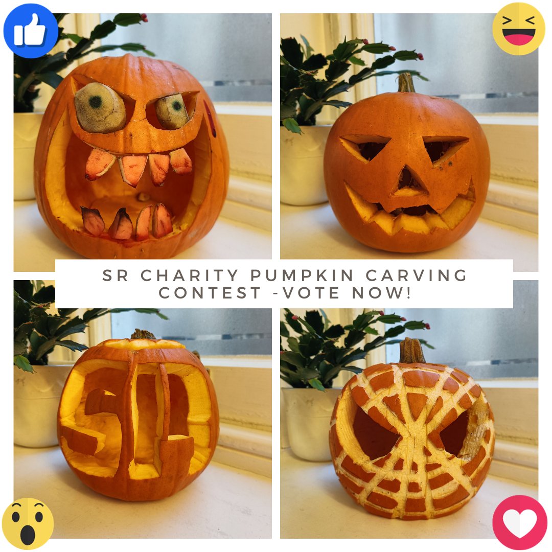 🎃 #TeamSR's Annual Charity Pumpkin Carving Contest is here! This year, Grace, Reuben, Hannah & Amanda have gone head-to-head to win a donation of £100 to the charity of their choice. From 7pm this evening, head over to our FB page to cast your vote👻 #TeamSR #charitypumpkin