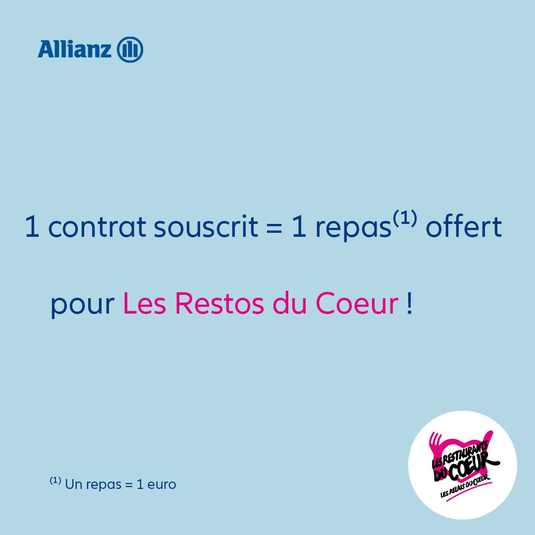 allianzfrance's tweet photo. Nous renouvelons notre soutien au @restosducoeur avec notre opération "1 contrat = 1 repas offert" et une campagne de dons.💙

👉La troisième édition de cette opération débute ce jour jusqu'au 23 décembre, et va permettre de financer 150 000 repas supplémentaires.
#AllianzSEngage https://t.co/G4akZprQbk