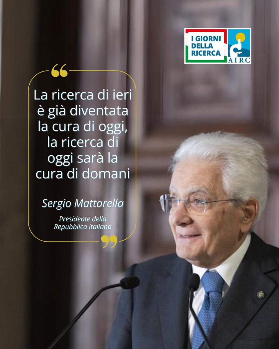 AIRC_it's tweet photo. Si sono aperti questa mattina I Giorni della Ricerca, la nostra campagna che da quasi 30 anni si pone l'obiettivo di informare sui più recenti progressi della ricerca oncologica e raccogliere nuove risorse da destinare al lavoro dei ricercatori.

Il ricco palinsesto di appuntamenti dei Giorni della Ricerca è iniziato con la Cerimonia a Palazzo del Quirinale, durante la quale il Presidente della Repubblica Italiana Sergio Mattarella ha consegnato il premio AIRC “Credere nella Ricerca” a @FederfarmaITA, per l’impegno profuso in attività di sensibilizzazione e in iniziative per il sostegno alla ricerca sul cancro; ad Antonio Pescapé dell’Università Federico II di Napoli, per aver contribuito a diffondere la conoscenza della missione di Fondazione AIRC tra le nuove generazioni; a Mara Venier per il suo impegno continuativo a fianco di AIRC nel sostenere la ricerca sul cancro attraverso le trasmissioni televisive. Il Premio scientifico biennale AIRC “Beppe della Porta” è stato consegnato ad Andrea Necchi dell’Ospedale San Raffaele di Milano per gli studi pioneristici sull’utilizzo dell’immunoterapia neoadiuvante nel carcinoma della vescica.

Sono intervenuti Andrea Sironi, Presidente AIRC, Federico Caligaris Cappio, Direttore scientifico AIRC, Luca Boldrini, oncologo e ricercatore al Policlinico Gemelli di Roma, la Ministra dell'Università e della Ricerca @BerniniAM  e il Ministro della Salute Orazio Schillaci.

#IGiornidellaRicerca