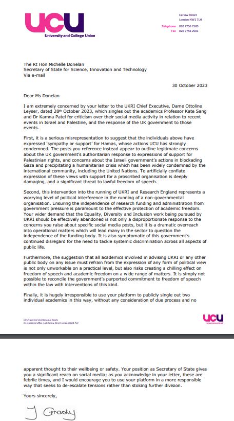 Our reply to @michelledonelan's letter to @UKRI_News. This risks creating a chilling effect on freedom of speech and academic freedom