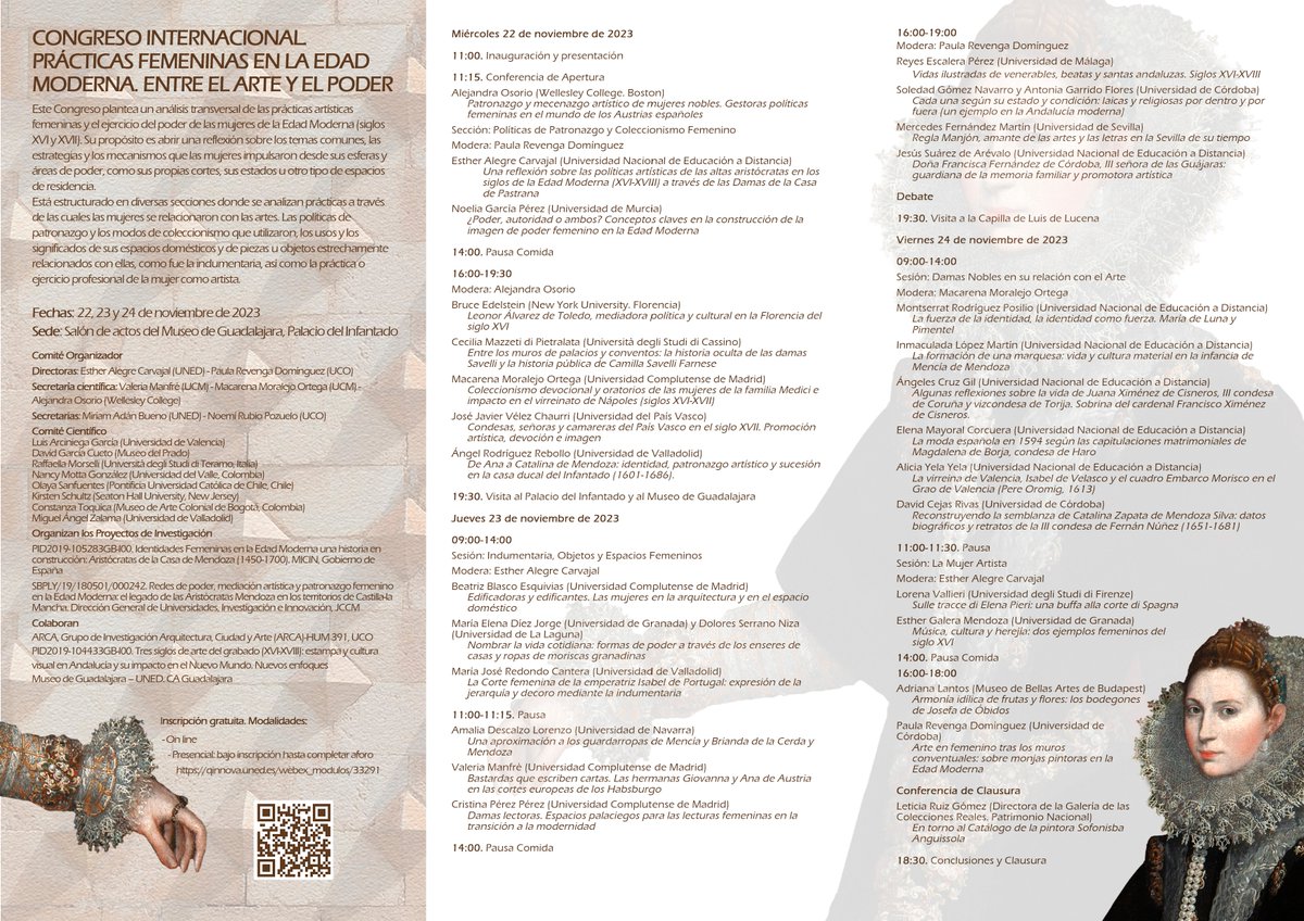 ‼️ Esther Alegre (UNED) junto con Paula Revenga (UCO) son las directoras del próximo Congreso Internacional "Prácticas femeninas en la Edad Moderna. Entre el arte y el poder" 
🗓️22, 23 y 24 de noviembre 
📍Palacio del Infantado - Guadalajara