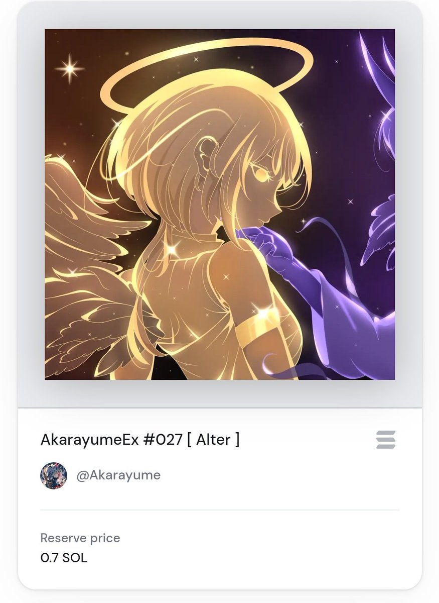 GM/GN everyone! 💜

AkarayumeEx #027 &amp; #029 available on <a href="/exchgART/">Exchange Art</a> 

1/1 anime style NFT
Reserve : 0.7 $SOL
Tick : 0.3 $SOL
Times : 24H

🔗Link on the tweet below
Thank you 🫶
#AkarayumeVerse #NFT #NFTs #nftcollector #SolanaNFT #NFTdrop #NFTMarketplace