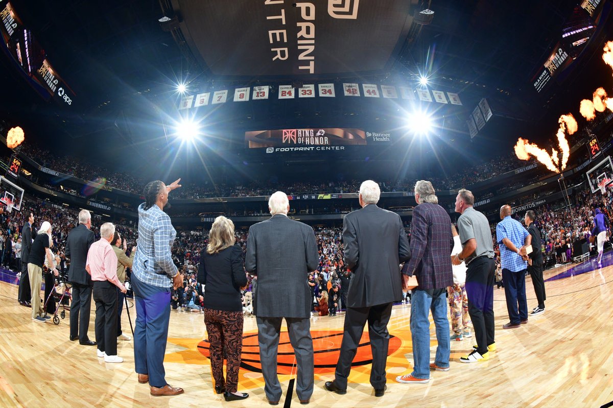Mishbia15's tweet photo. Had an awesome time Saturday night at our @Suns home opener! It was a great win by our team and we had an amazing crowd cheering them on. Over 60 former players came back to Phoenix to enjoy the game as well, including 14 of our 15 Ring of Honor members. In order to have a bright future we have to honor and celebrate our past, and Saturday was a great start in doing this in Phoenix.