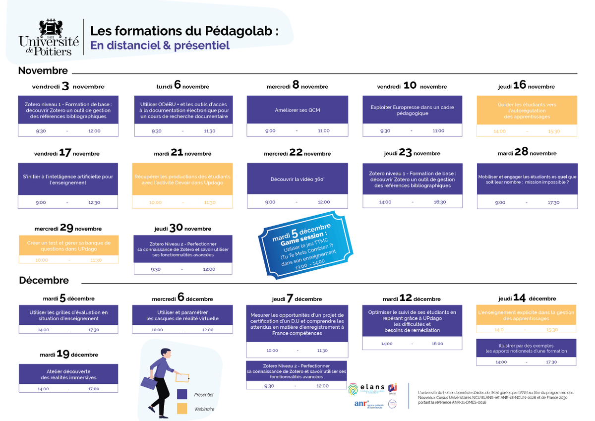 🗓️[Formations] Retrouvez notre planning des formations de novembre et décembre, 21 thématiques au programme :
👉imedias.univ-poitiers.fr/pedagolab/plan…
<a href="/elans_UP/">ELANS</a> <a href="/UnivPoitiers/">Université de Poitiers</a>