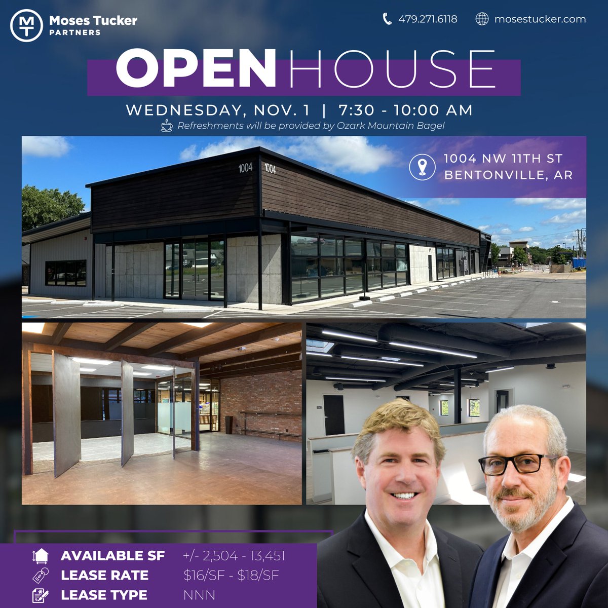 mtp_partners's tweet photo. You're invited! Tour this spectacular office/retail space up for lease during our OPEN HOUSE – details below!

🚪Open House | Office/Retail Space for Lease
📌 1004 NW 11th St, Bentonville, AR
📅 Wednesday, Nov. 1 from 7:30 – 10:00 a.m.
🥯 Refreshments from Ozark Mountain Bagel https://t.co/vwvUQLNLrV