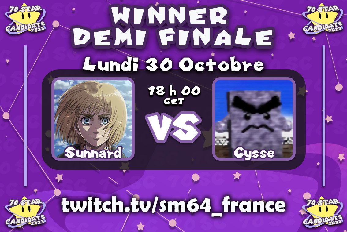 Les races d'aujourd'hui commence très vite ! 
LOSER TOUR 2 : 
<a href="/Marco8641/">Marco</a> VS ChiaraSM64 à 17 h 00 CET
WINNER DEMI-FINALE :
<a href="/Sunnard1/">Sunnard</a>  VS @Cysse06 à 18 h 00 CET

-> twitch.tv/sm64_france <-

#70SC #70SC2023