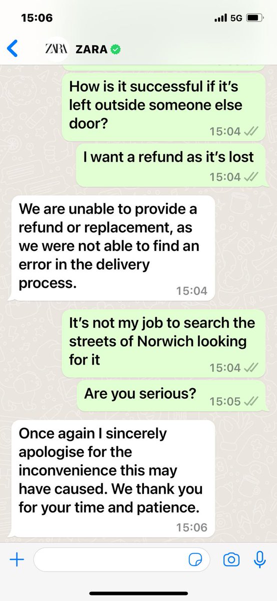<a href="/ZARA_Care/">ZARA CARE</a> Can you explain why you can't give a refund for delivering to the wrong address? 
I keep showing you it’s not our front door?