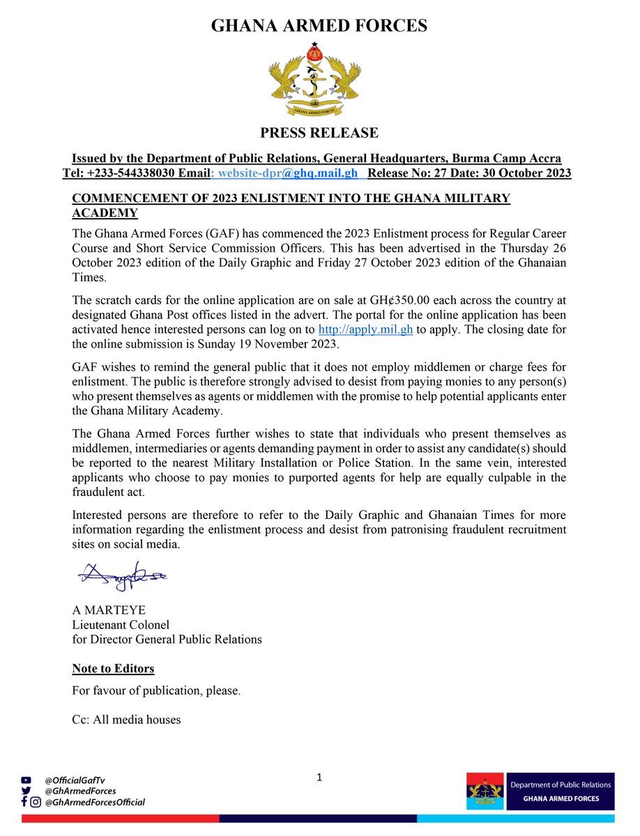 #PressRelease: COMMENCEMENT OF 2023 ENLISTMENT INTO THE GHANA MILITARY ACADEMY