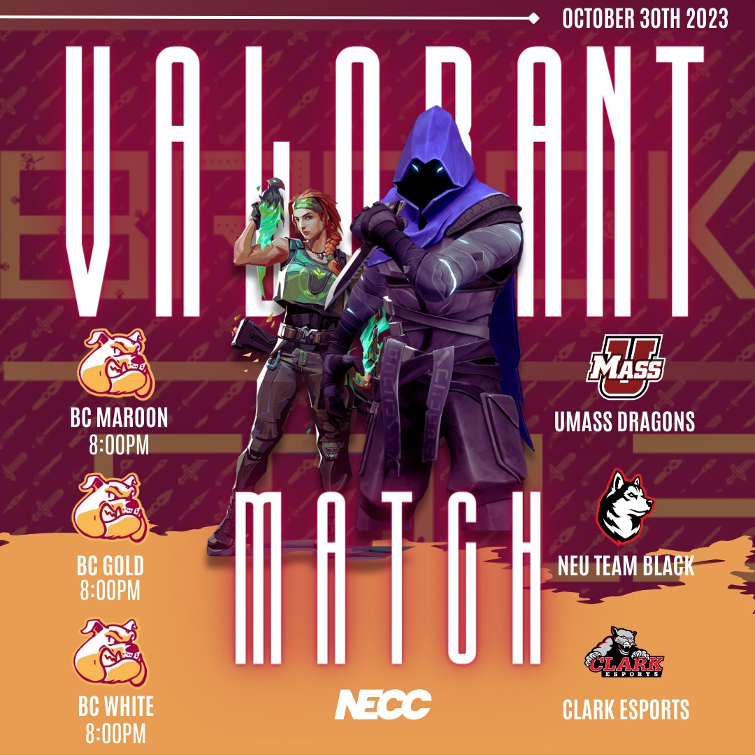 New week, new opportunities for our Valorant teams to win in the NECC!
⚡️ BC Maroon vs. UMass Dragons
⚡️ BC Gold vs. NEU Team Black
⚡️ BC White vs. Clark Esports

All matches kick off at 8 PM. Let's secure those wins, #BCEsports!