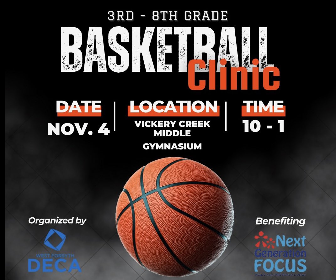 NextGenFocus's tweet image. Join us for a community basketball clinic on 11/4 from 10-1 for 3rd-8th grade students at the Vickery Creek Middle School gym! The fee is $25 on GoFan with Papa Johns pizza and drink included. Proceeds will be benefiting Next Generation Focus! Hope to see you there! #SmarterMe