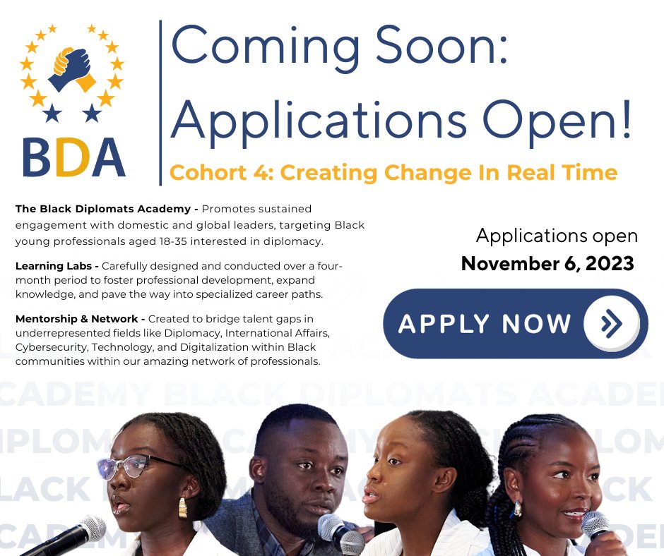 oedd_official's tweet photo. 🌟 Big News! The Black Diplomats Academy's 4th Cohort is almost here! 🌟

Get ready because applications open on Nov 6th at 11am EST. This year's theme: "Creating Change In Real Time."

 Stay tuned for application details! 🚀 
#BlackDiplomatsAcademy #ChangeInRealTime #Cohort4 https://t.co/lh7bjKhLp9