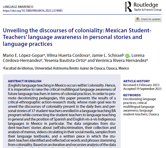 LanguageAwaren1's tweet photo. A critical ethnographic #ActionResearch study involving 37 student-teachers in Mexico explores how #ColonialPractices have influenced discourses. #StudentTeachers became aware of colonial practices once they analyzed language practices in different languages. Abs. = Spanish https://t.co/ZeAmDQyB5M
