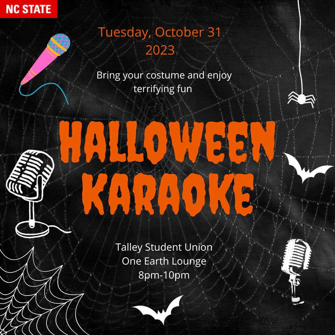 NC State PFS (@ncstatepfs) on Twitter photo Come join the University Activities Board for a Halloween-themed karaoke night that will include some spooktacular song choices. Encourage your student to celebrate the end of Midterms! See the link below for more information.
calendar.ncsu.edu/event/karaoke_…
#PADylan Come join the University Activities Board for a Halloween-themed karaoke night that will include some spooktacular song choices. Encourage your student to celebrate the end of Midterms! See the link below for more information.
calendar.ncsu.edu/event/karaoke_…
#PADylan