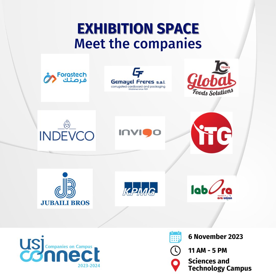 USJCareer's tweet photo. We’re glad to announce that 40+ companies will participate in our upcoming job fair at the Sciences and Technology Campus! USJ students and Alumni, this is your chance to meet with potential employers and expand your professional network. 
📷 Register : https://t.co/Iq6126vN4x https://t.co/NF6ZVmXMjO