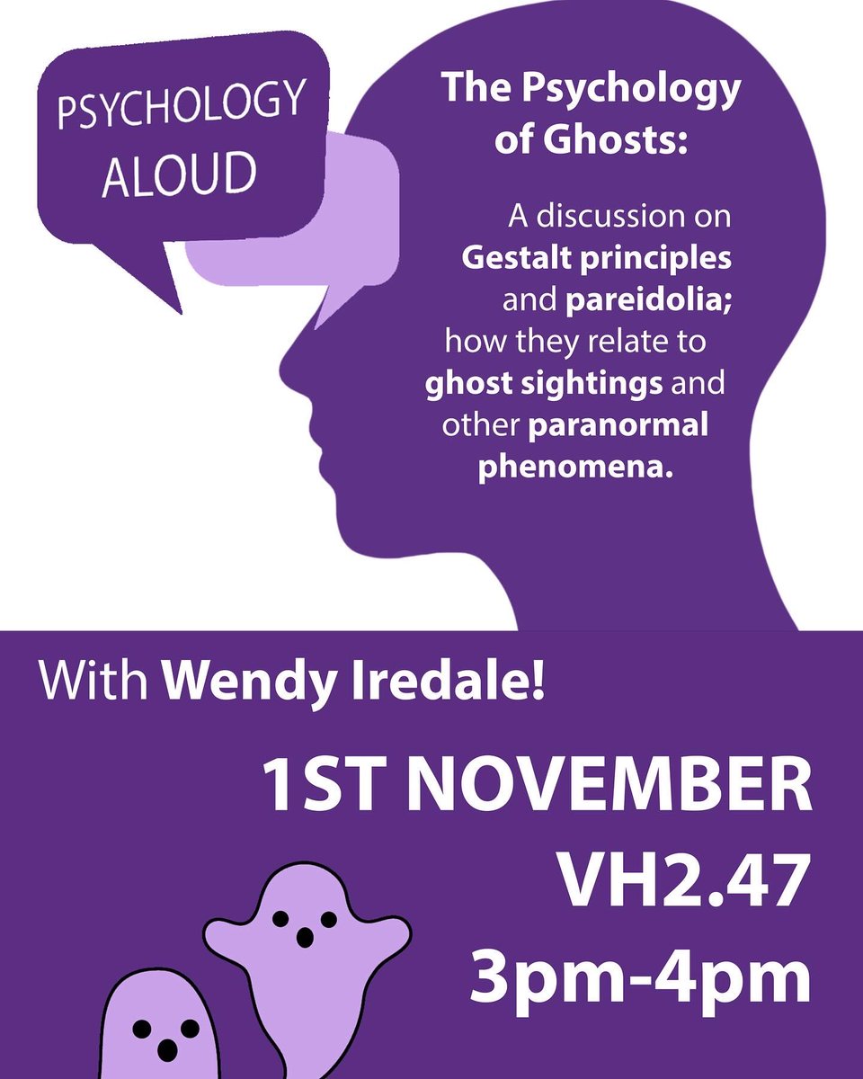 👻 🎃 What is the psychology of ghosts? <a href="/CCSUPsySoc/">CCSU PsySoc</a> is kicking off Psychology Aloud with a Halloween special! On 1 Nov, Dr Wendy Iredale will unearth paranormal phenomena with the use of psychological principles.

🗓️ Join us on Wed in PsySpace (VH.2.47) at 3pm. #CCCUPsychology