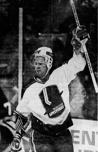 Photo of Windsor Spitfires forward Steve Gibson as he celebrates a goal in a game against the Kingston Frontenacs. This game took place on February 10th 1992. Windsor won 5-3.