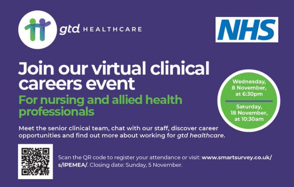 We are delighted to share that we will be hosting a #VirtualClinicalCareersEvent for #NursingandAlliedHealthProfessionals on Wednesday 8, Nov and Saturday, 18 Nov. 

To find out more, please visit: beta.jobs.nhs.uk/candidate/joba… 

#PrimaryCare #UrgentCare #OutOfHours <a href="/gtdhealthcare/">gtdhealthcare</a>