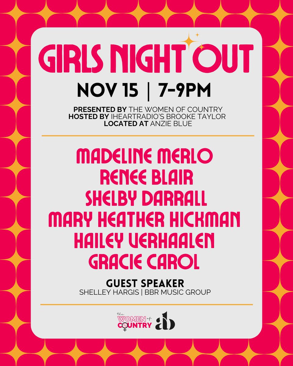 TheWomenCountry's tweet photo. SURPRISE 🤩 We’ve partnered with @AnzieBlue to produce ✨GIRLS NIGHT OUT✨ a free monthly all-female showcase hosted by @BrookeRadio! 

You’re invited to opening night Wednesday, November 15th from 7-9pm. 

We look forward to seeing you there! https://t.co/StPp64JzZV