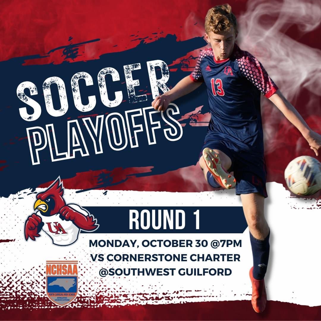 UAathletics's tweet photo. Good luck to our Men's Soccer Team in round 1 of the NCHSAA playoffs! They travel to Southwest Guilford to play Cornerstone Charter. #weareUA #UAsoccer #NCHSAA @JZUAHS @BrittanyRape @FrashierJustin @UAcharterschool @JSuttonSmith https://t.co/QhahIzXdDn