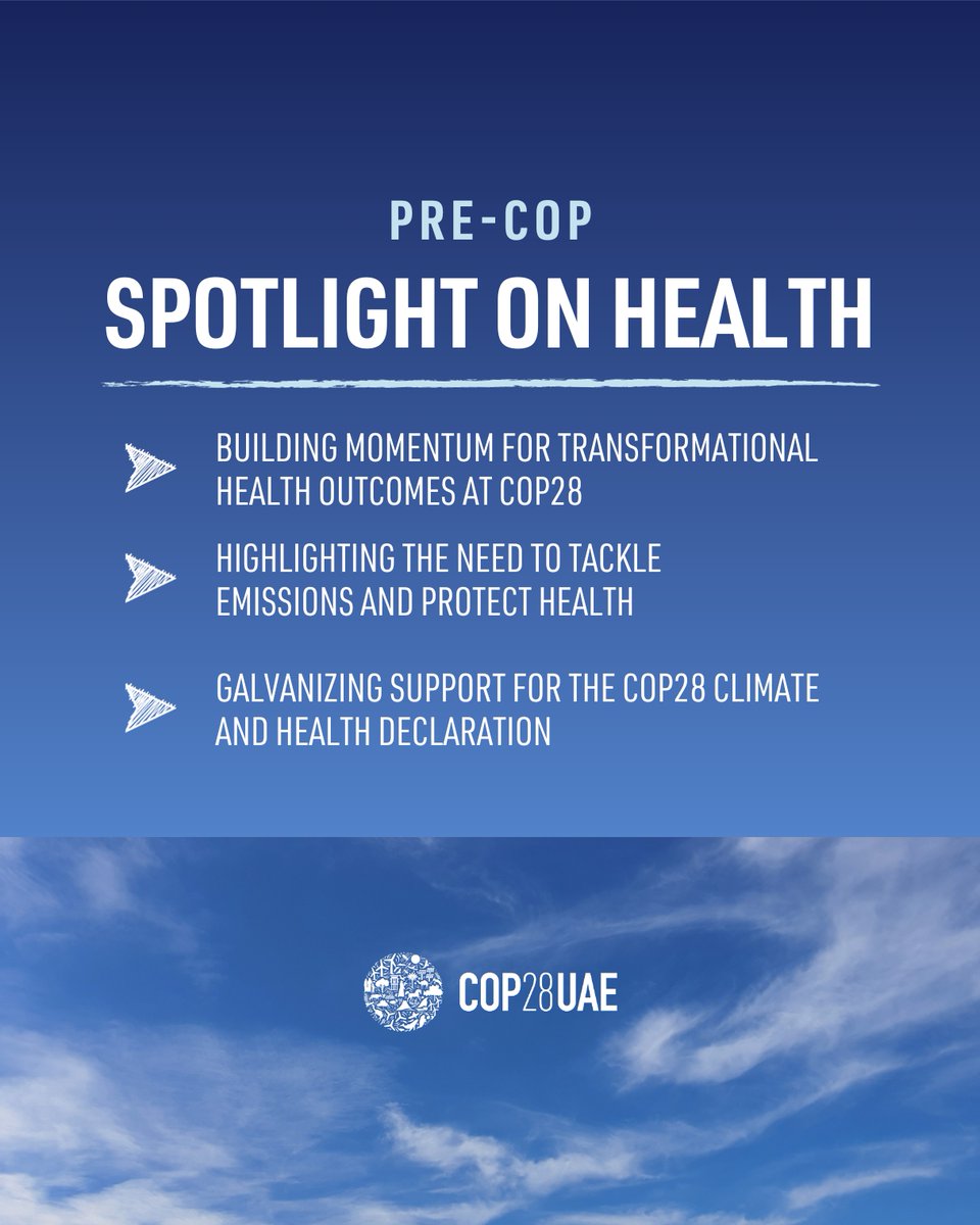 COP28_UAE's tweet image. The science shows that climate change is one of the biggest threats to health. Protecting health and reducing emissions must be at the center of climate action.

During #PreCOP, representatives from 30 countries joined a health-focused briefing on the COP28 Climate Health Agenda.
