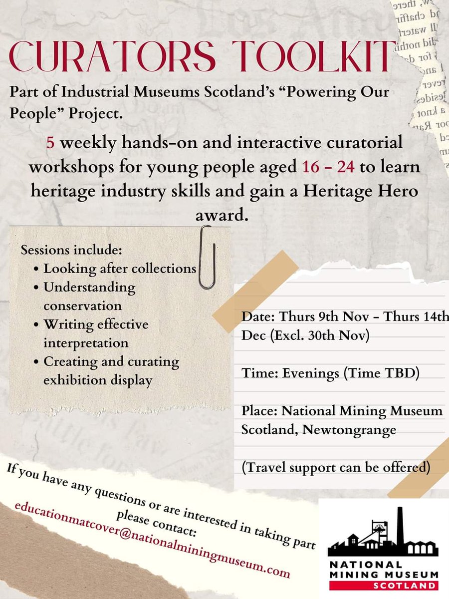 Are you aged between 16 to 24 and wanting to learn heritage industry skills? Over 5 weekly workshops, start learning the skills to be a Curator. These workshops are FREE and travel costs can be reimbursed! To register please contact educationmatcover@nationalminingmuseum.com