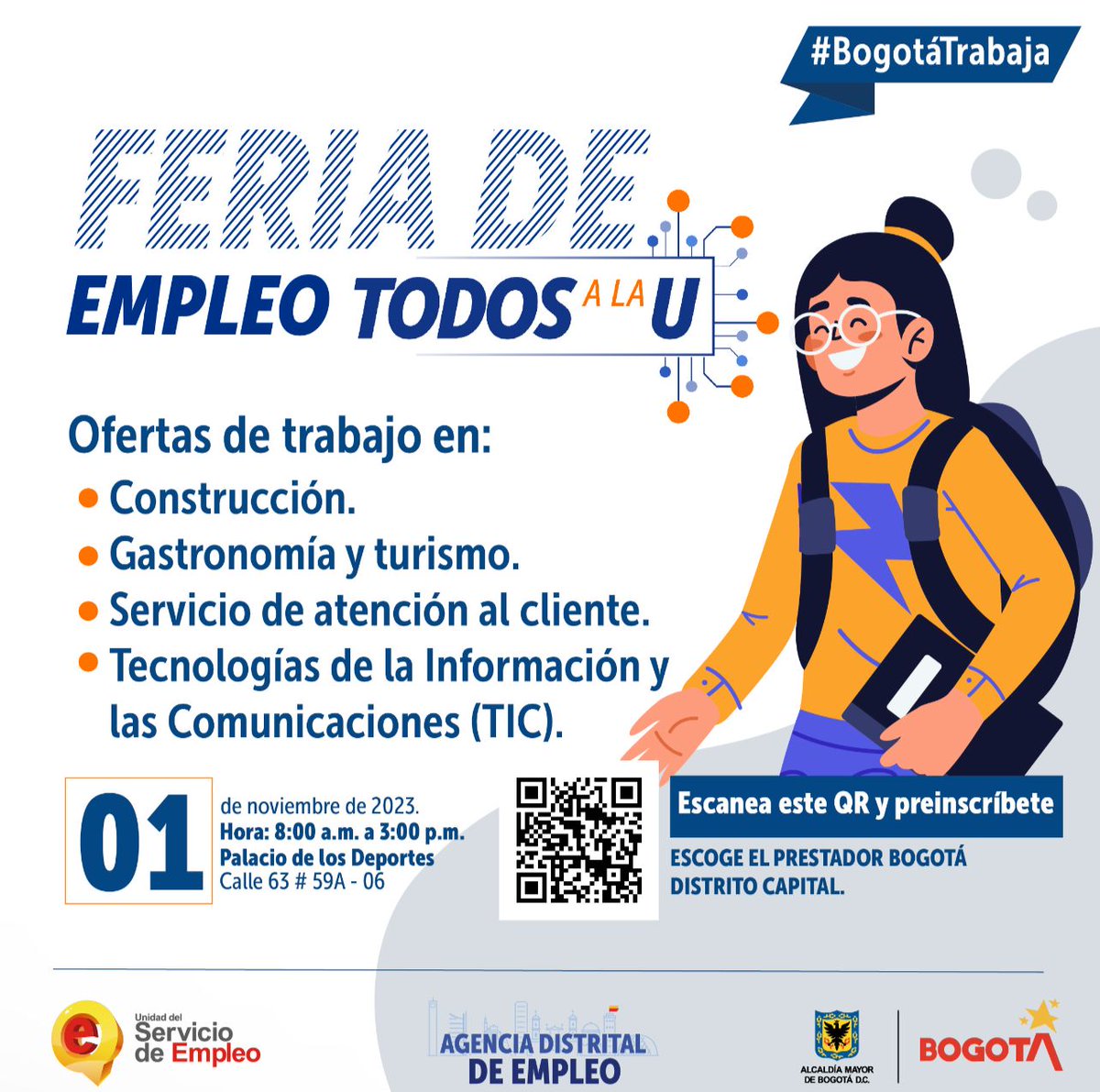 ¡El próximo miércoles 1 de noviembre podrás tener una cita con tu próximo trabajo!✨

💼 Participa en la feria de empleo #TodosALaU de #BogotáTrabaja.

Son más de 3.000 ofertas laborales y ofertas educativas.