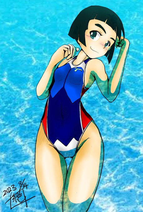 今日は #競泳水着の日 なんだそうですよおめでとうございまーす!そう言えばカトラスさん最近は着衣ばかりで競泳水着全然着ていなかったなぁ…今度また描こうっと! 