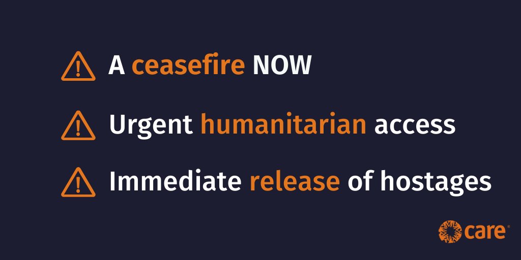 CAREGlobal's tweet photo. We are relieved to share that after a communications blackout in #Gaza, we have been able to connect with our team and confirm they are all accounted for. However, their well-being as well as that of all civilians affected by this conflict remains at stake. We urgently need: https://t.co/AT97o0GGxV