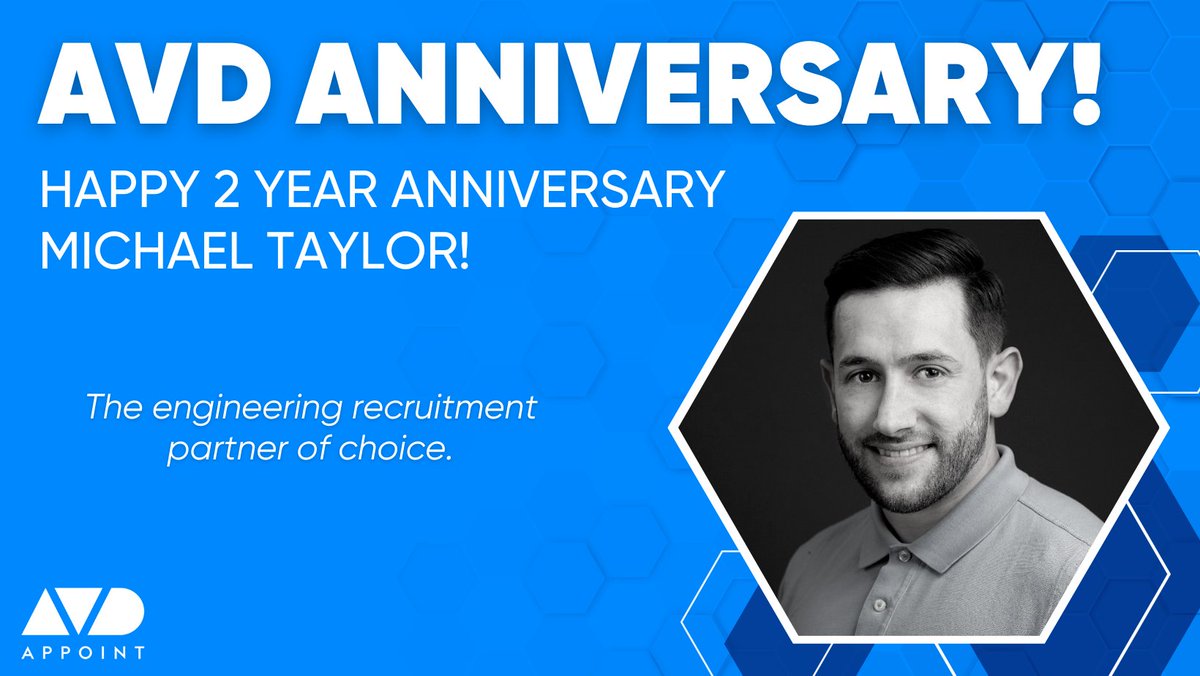 AVDAppoint's tweet photo. At AVD we are celebrating Michael Taylor's 2-year anniversary!

Thank you for all your hard work Michael and for being an integral member of team AVD as we head into this exciting new period of growth!

#avdappoint #anniversary #avdanniversary #engineeringrecruitment https://t.co/na57ZTutmh