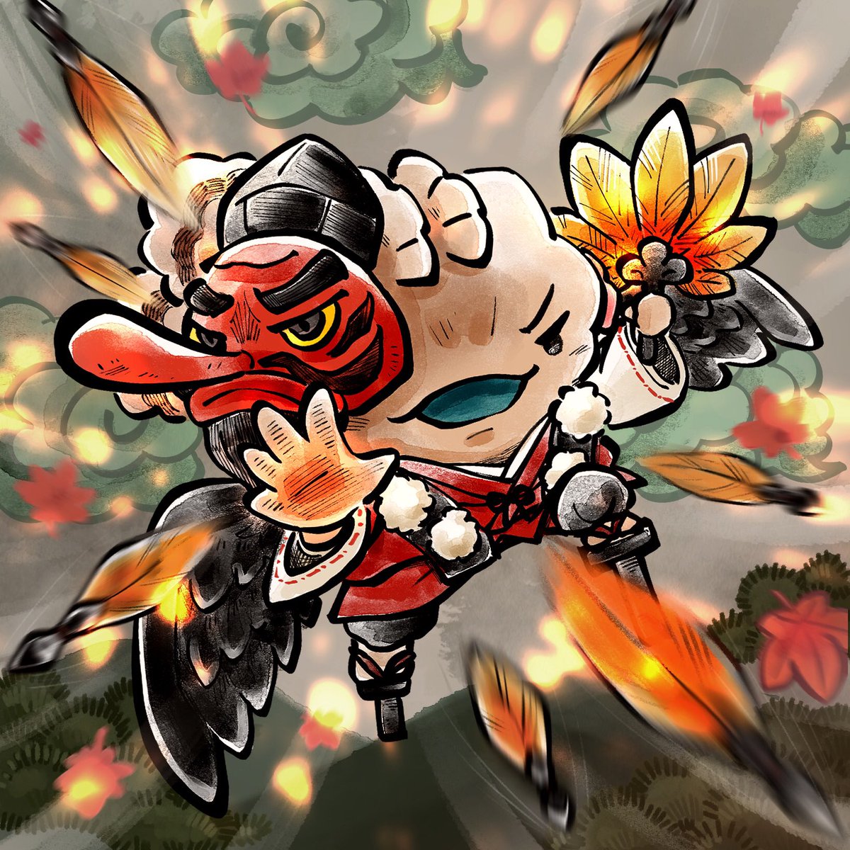 【 #OriginMadnessHALLOWEEN My entry】

" Tengu Mino "👺
<a href="/mino_axie/">mino.ron 🍊</a> 

I chose the motif of a tengu, inspired by the image of mino manipulating a feather dagger to hunt for cotton.🪶⚔

This is art celebrating his victory.
#AxieInfinity <a href="/AxieInfinity/">Axie Infinity</a>
@1437_MT8