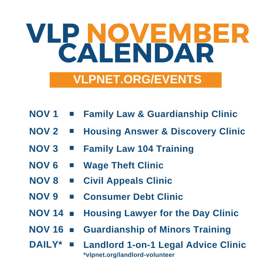 The VLP November Calendar of Events is updated. Check it out and sign up for an upcoming clinic or two! Visit vlpnet.org/events/ for the details and full calendar. #vlpboston #massachusetts #legal #lawyers #volunteeropportunities