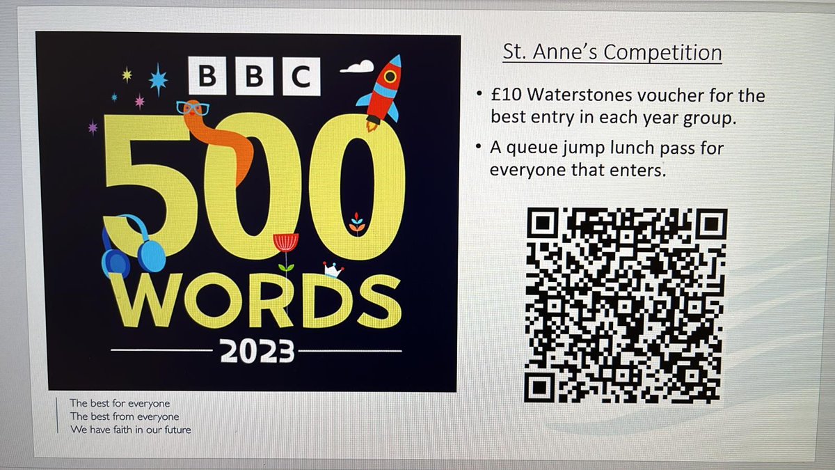 The BBC 500 Words Competition was launched today in assembly. National entries are open to students up to the age of 11 but our very own St Anne's competition is open to all students! #BBC500Words2023 #storywriting @CranmerTrust