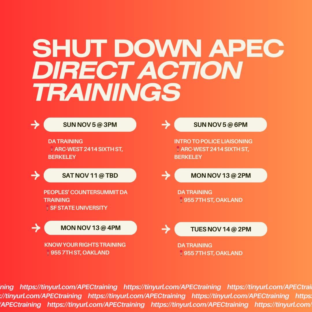 Shut Down APEC Direct Action Trainings!

We’ve been doing trainings for the past month to prepare for mass action on Nov. 15. 

Here’s the remaining schedule. 

Get involved and say #No2APEC!