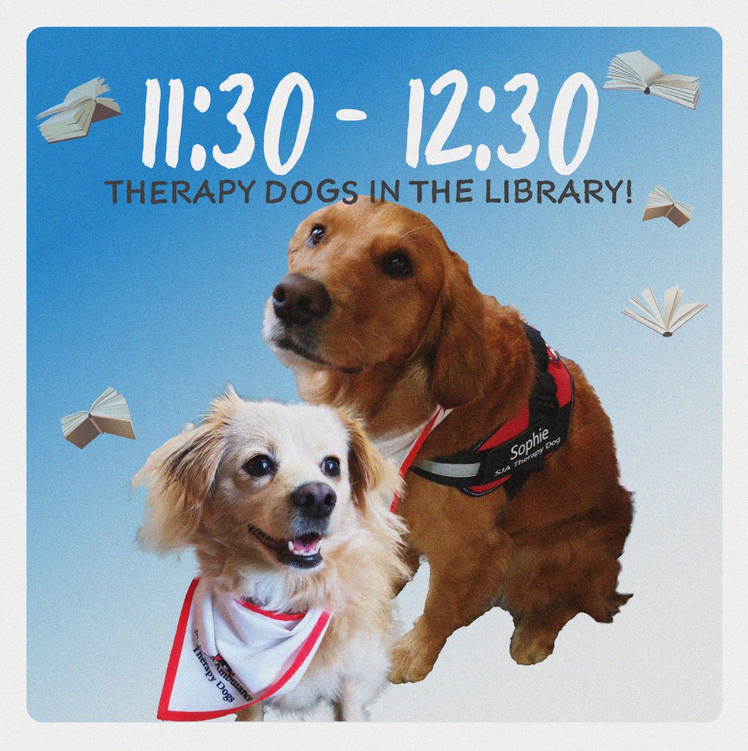 UFVLibrary's tweet photo. ๐ตWe've got a long list of ๐ถ #TherapyDog ๐ถ lovers, but we've got a blank space, and we'll write your name!๐ต Come and visit the @SJA_BCYT Therapy Dogs ๐ at the Abbotsford #UFVLibrary today, from 11:30-12:30! Missed them? Catch them here again next Tuesday! ๐พ https://t.co/JARhBDtvwk
