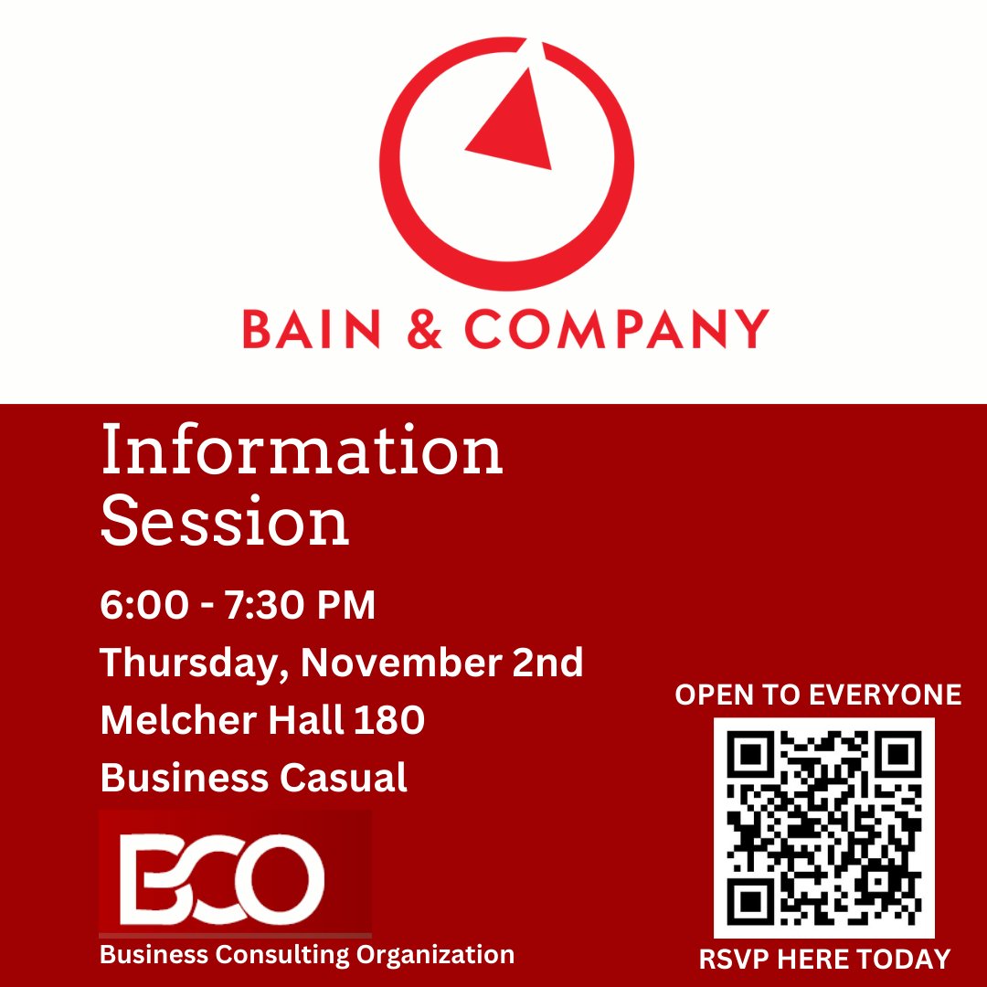Join us for an Information Session with Bain and Company on a day in the life of a consultant this Thursday, November 2 from 6PM - 7:30PM in Melcher Hall, 180. Come and network 1:1 with Bain and Co. consultants! Hosted by Bauer Consulting Organization

RSVP in Bauer Gateway today