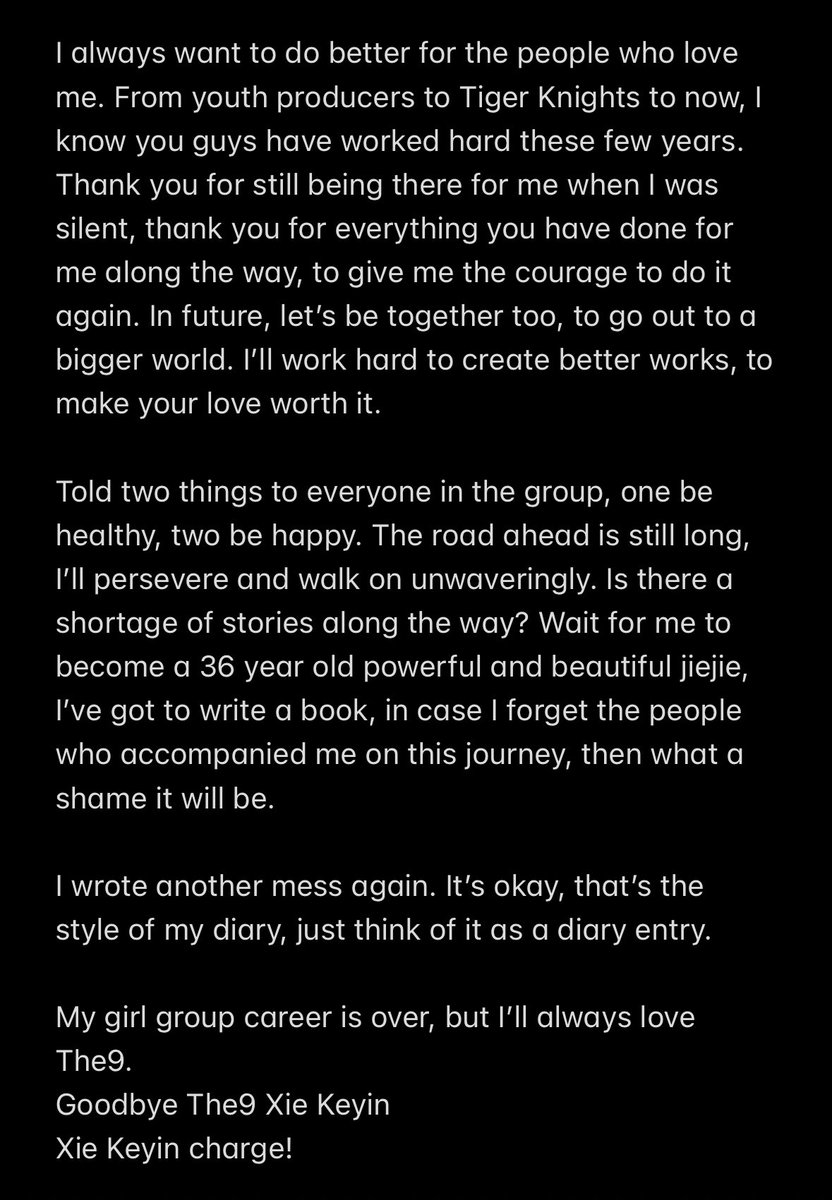 acekeyin's tweet photo. keyin weibo update

“my girl group career is over, but i’ll always love the9
goodbye the9 xie keyin
xie keyin charge!” https://t.co/3Gij0LW65Z