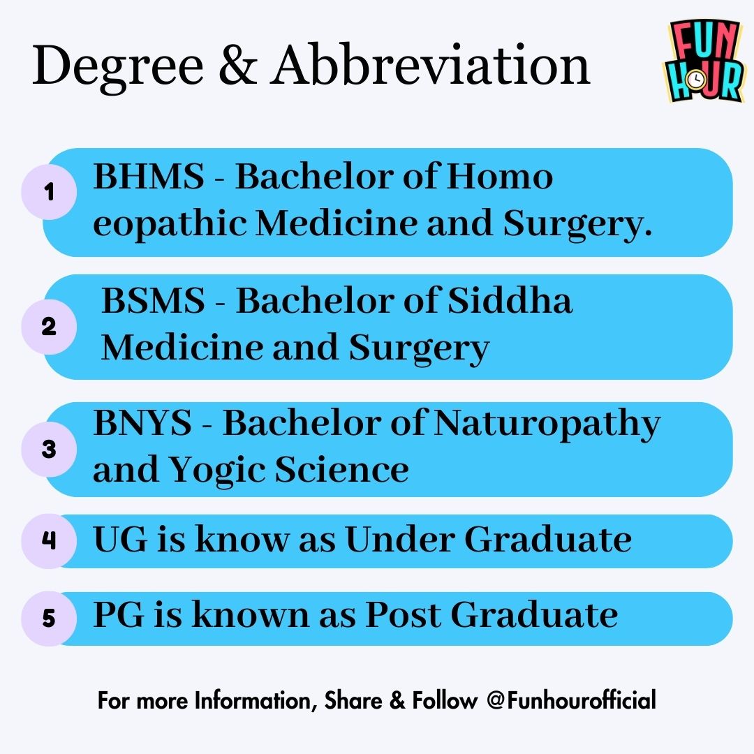 FunHourOfficial's tweet image. Hey students, It is Time To Know the Abbreviation for Degrees Available in India.

For Individual #CareerGuidance and Career Programs in Schools, DM us. #FunHour