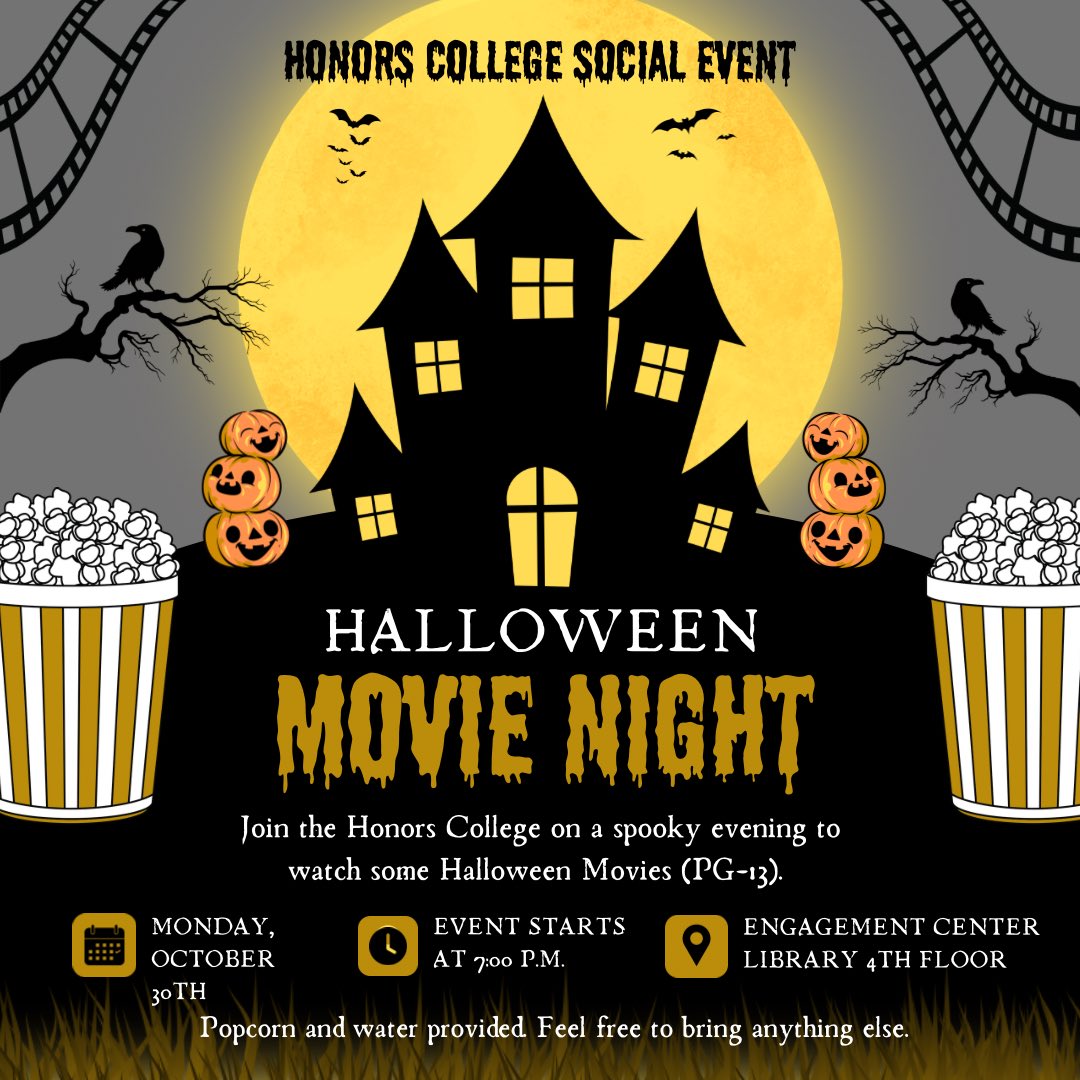 ESUHonors's tweet photo. Happy Halloween Hornets!🎃

The Honors College will be hosting a spooky novie night today at 7:00pm in the Engagement Center. 

We hope to see you there!

#emporiastate #honorscollege #stingersup🐝 #Halloween https://t.co/Wu6dqodFqo
