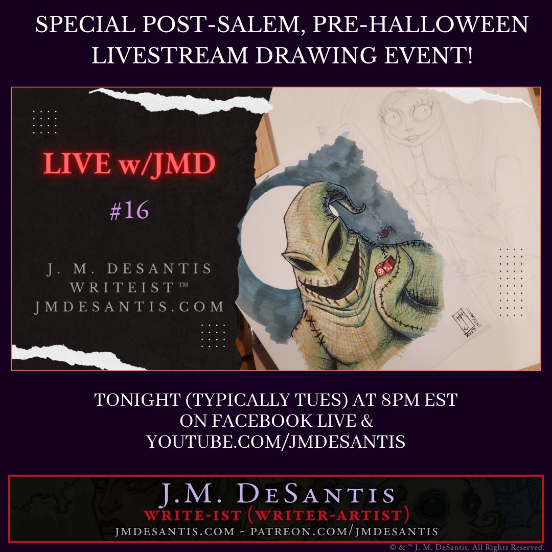 jmdesantis's tweet photo. Tonight I'm live from the studio at 8pm EST for my post-#Salem pre-#Halloween stream!
#art #artist #creator #comics #author #books #livestream #livedrawing #writeist #SalemHauntedHappenings #NightmareBeforeChristmas #artclaims #artsale #DevilsNight #CabbageNight #GooseyNight https://t.co/fBCHSccEzT