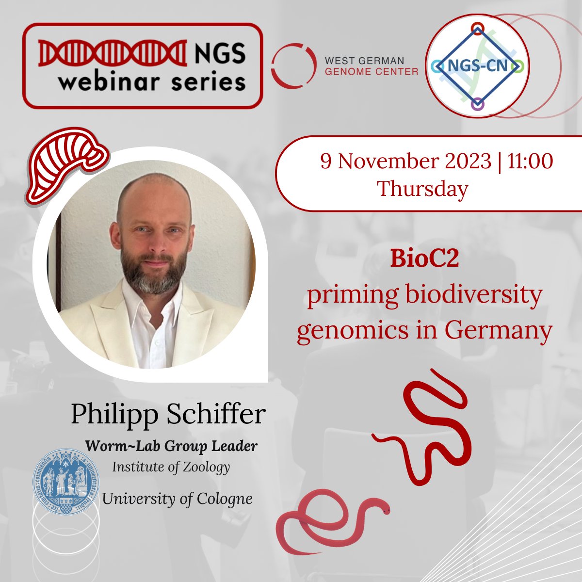 -NGS webinar series-
9th November Thursday 11:00 CEST
...online-meet Philipp Schiffer - BioC2 priming biodiversity genomics in Germany.

Register hhu.webex.com/weblink/regist…

#ngscnjoin #ngscnwebinars #nextgenerationsequencing #genomics #ngstechnologies #transcriptomics