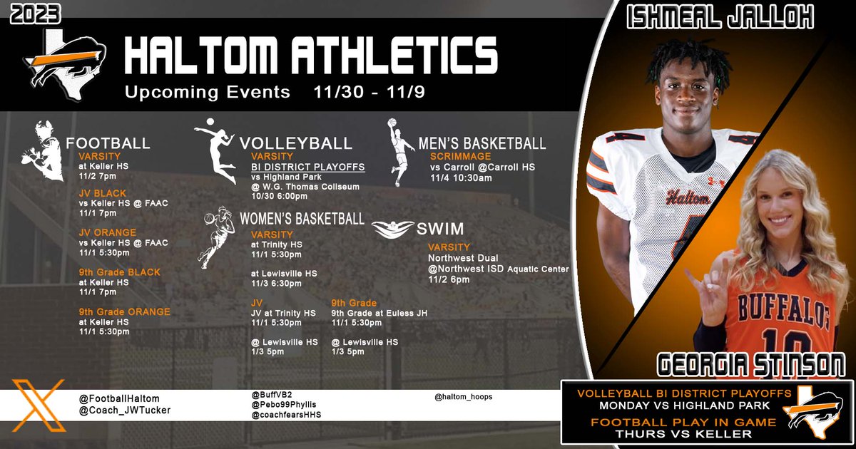 Coach Tucker - Haltom (@coach_jwtucker) on Twitter photo #HaltomFamily Athletic Events for the Week.
Volleyball in playoffs tonight!
<a href="/HHSBuffNation/">Haltom High Buff Nation</a> <a href="/FootballHaltom/">Haltom Football Boosters</a> <a href="/BuffVB2/">@BuffVB</a> <a href="/coachfearsHHS/">Coach Shannan Fears-Haltom WBB</a> <a href="/haltom_hoops/">Haltom MBB</a> #HaltomFamily Athletic Events for the Week.
Volleyball in playoffs tonight!
<a href="/HHSBuffNation/">Haltom High Buff Nation</a> <a href="/FootballHaltom/">Haltom Football Boosters</a> <a href="/BuffVB2/">@BuffVB</a> <a href="/coachfearsHHS/">Coach Shannan Fears-Haltom WBB</a> <a href="/haltom_hoops/">Haltom MBB</a>