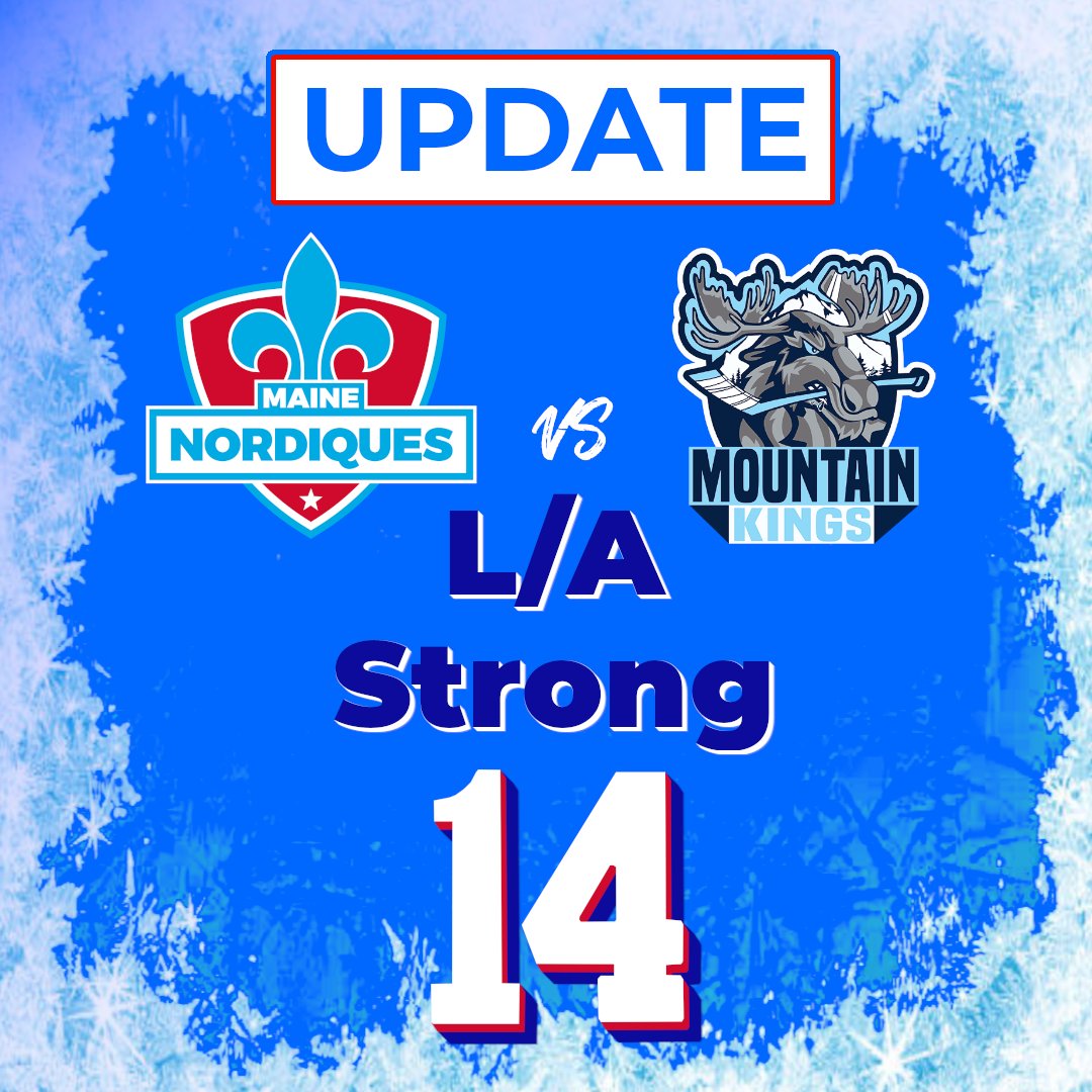Tomorrow's (Oct 31st) Maine Nordiques- New Hampshire Mountain Kings game has been moved to Thursday, November 2nd at 7:00pm at The Colisee.

We want to use our platform to support our community in every way we can- All admission will be free.

#L/AStrong