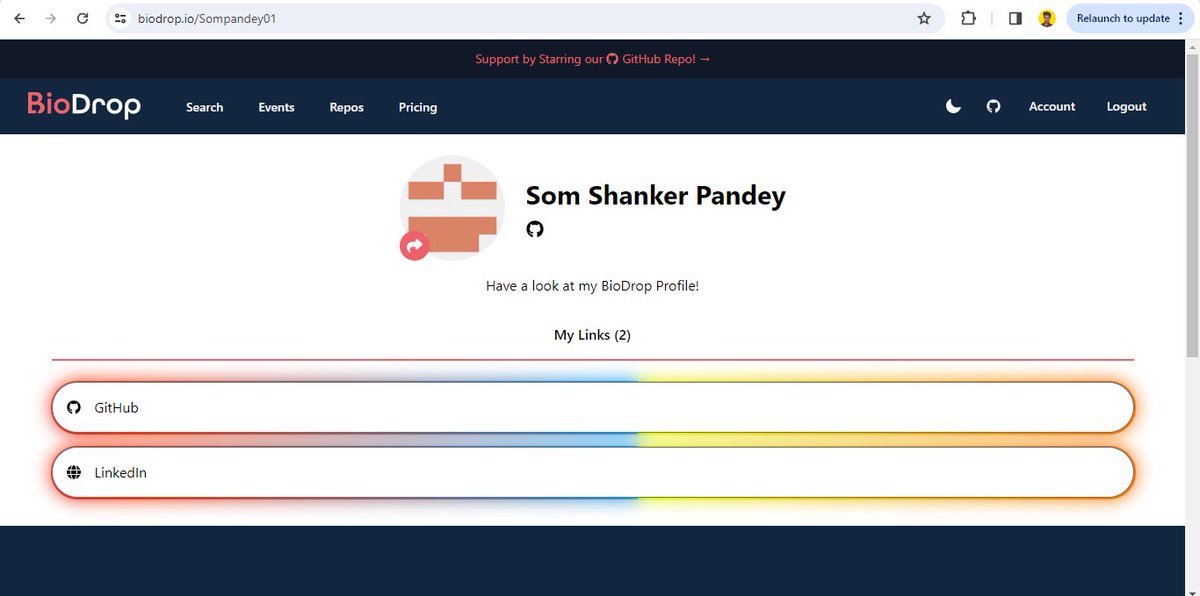 Som Pandey (@sompandey2004) on Twitter photo Created a profile on BioDrop and completed all the giveaway tasks:
1. Star the GitHub repository: github.com/EddieHubCommun…
2. Create your profile using BioDrop and Tweet a screenshot + tag <a href="/BioDrop_io/">BioDrop</a>
<a href="/kunalstwt/">Kunal Kushwaha</a> <a href="/eddiejaoude/">Eddie Jaoude | Open Source | GitHub Star</a> Created a profile on BioDrop and completed all the giveaway tasks:
1. Star the GitHub repository: github.com/EddieHubCommun…
2. Create your profile using BioDrop and Tweet a screenshot + tag <a href="/BioDrop_io/">BioDrop</a>
<a href="/kunalstwt/">Kunal Kushwaha</a> <a href="/eddiejaoude/">Eddie Jaoude | Open Source | GitHub Star</a>