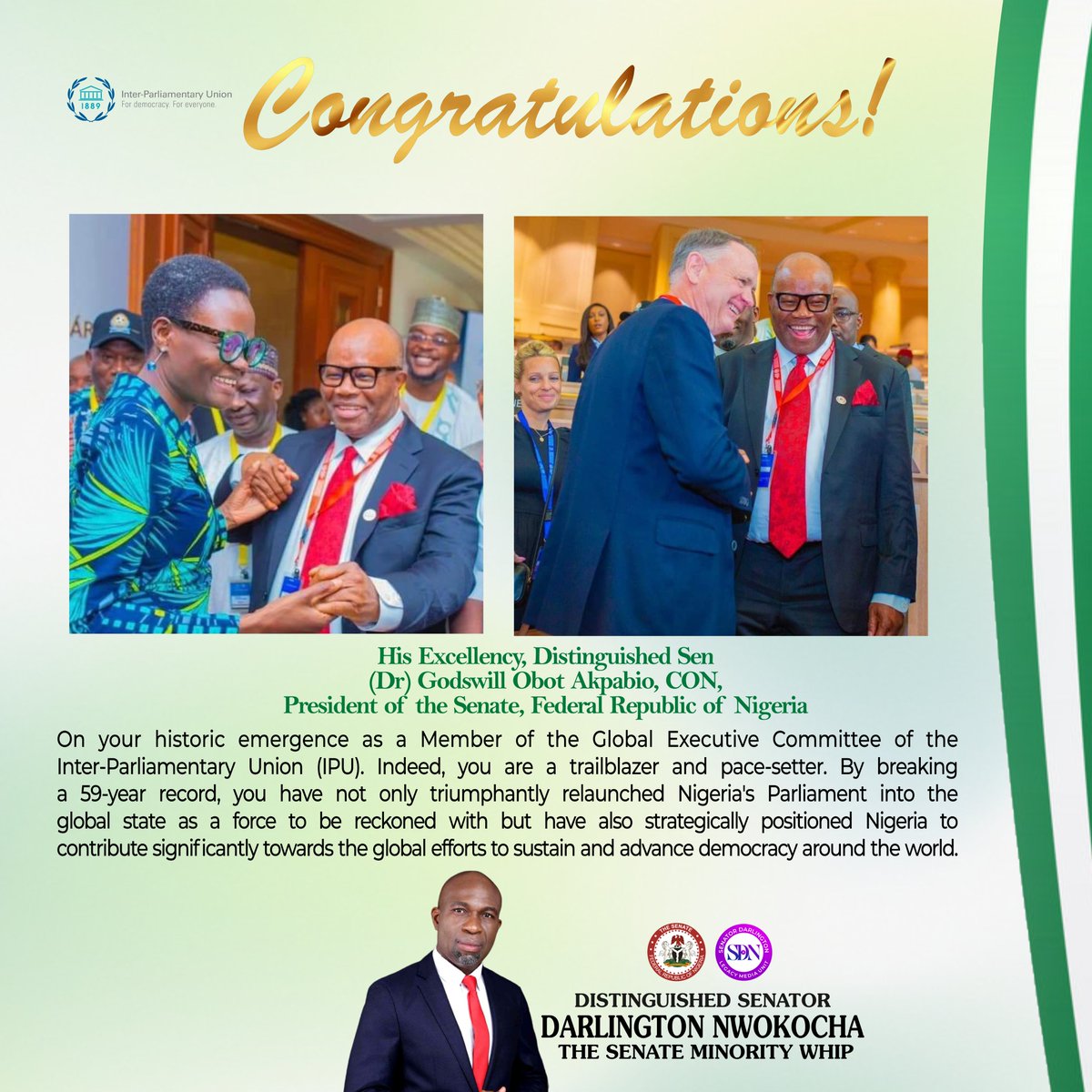 SenatorDarlooo's tweet photo. Distinguished Senator Darlington Nwokocha Congratulates H.E  The Nigerian Senate President Senator @oficialGAkpabio 

https://t.co/E6UMLWV5Ch
#senatordarloo
#AbiaCentral
#ipu
#thenigeriansenate https://t.co/GBny0v50Vb