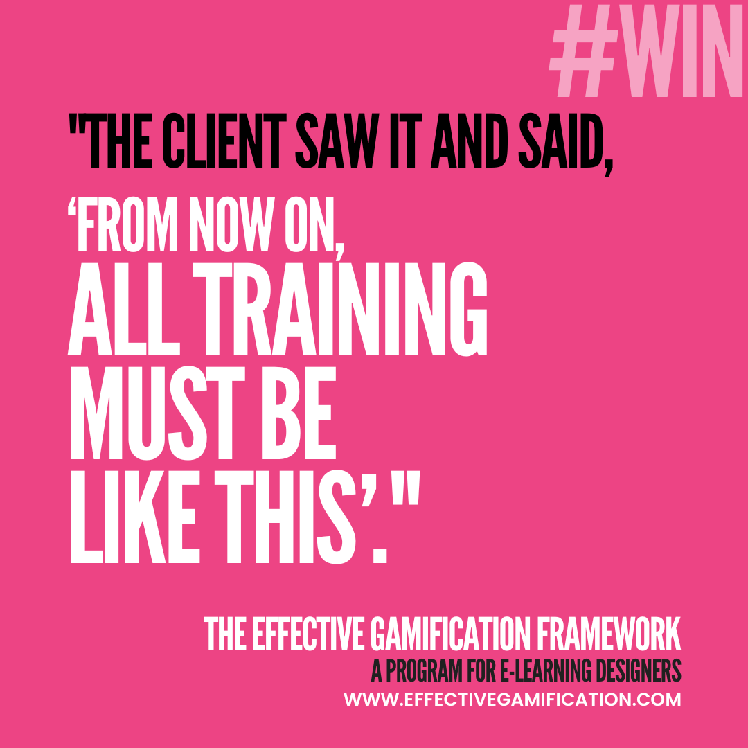 Tired of making training that has minimal impact... but worried that learner engagement takes too long?

Check out the Effective Gamification Framework, a program for e-learning designers.

Apply here: bit.ly/EGFTweet

#instructionaldesign #gamification