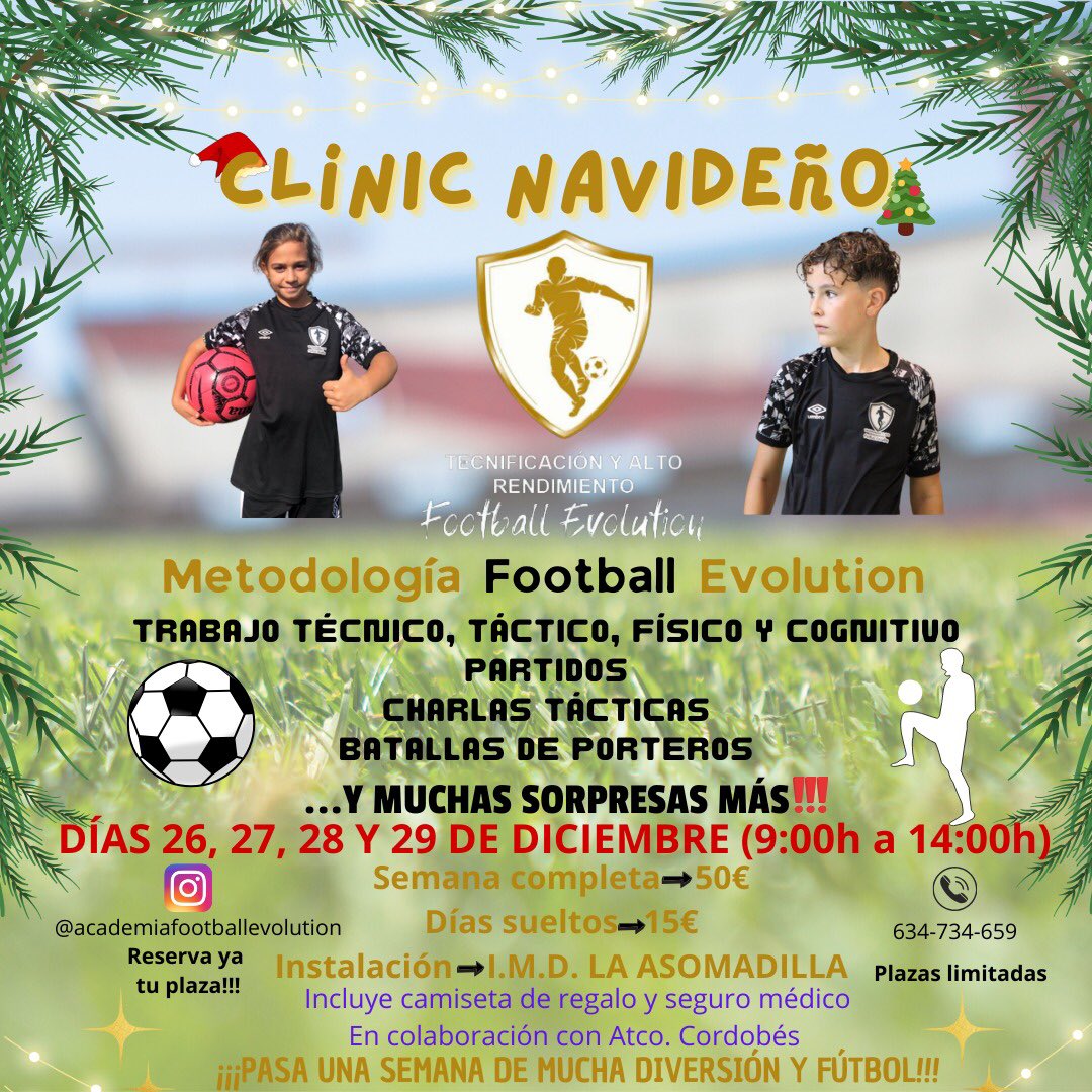 ⚠️⚠️OS PRESENTAMOS EL 1️⃣ CLINIC DE NAVIDAD DE #academiafootballevolution 

➡️Un clinic donde buscamos que el jugador no deje de entrenar, aprender y mejorar, y además tenga momentos de diversión y competicion.

➡️Desde el 26 hasta el 29 de DICIEMBRE de 9:00 a 14:00