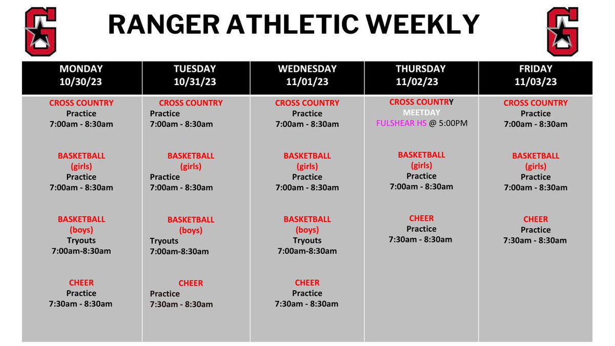 🚨 RANGERS WEEK AHEAD 🚨

Check out what’s going on with Ranger Athletics this week!!
<a href="/GJHRangers/">George Junior High</a> <a href="/DrErinForbes/">Erin Forbes, Ed.D.</a> @coachford18 <a href="/Darnelljackson6/">Darnell Jackson </a> <a href="/lcisdathletics/">LCISD ATHLETIC DEPT.</a>