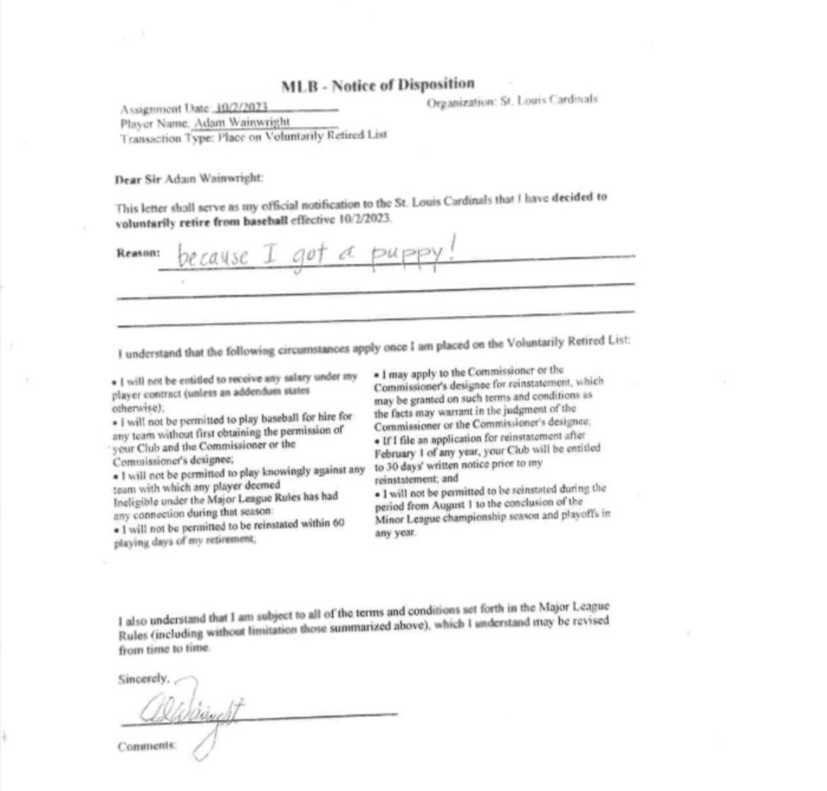 UncleCharlie50's tweet photo. People keep asking me if I’m officially retired.  Well, here is my official retirement paperwork that we turned in to the @Cardinals and @MLBPA.  Retired?  Absolutely, for all the best reasons.  Will send more later.  Love y’all. https://t.co/yxCvgFjFdz