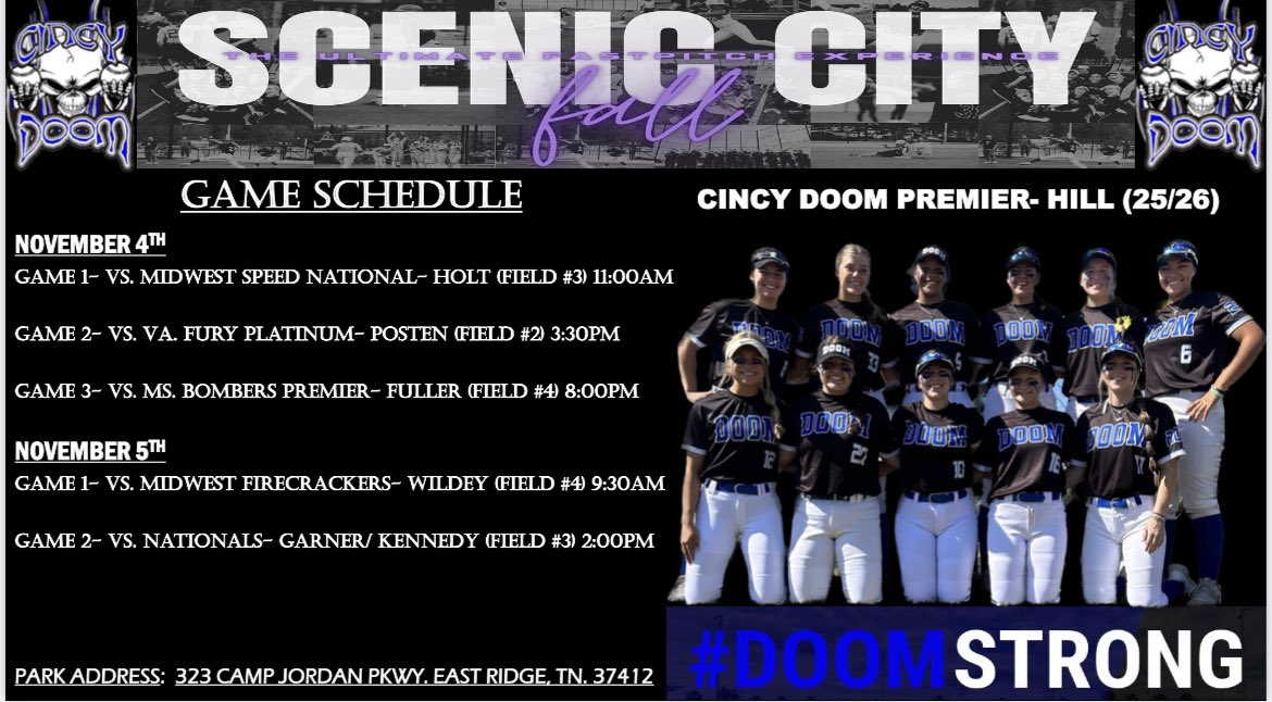 (Coach Jeff) Cincy Doom Premier- Hill (@coachjeffhill) on Twitter photo 🚨Attention Coaches🚨
📢We will be Competing this weekend Nov. 4th & 5th down in Tennessee📢
📍Camp Jordan: 323 Camp Jordan Pkwy. East Ridge, TN. 37412
Nov. 4th
🥎G1 Vs. @speed_midwest Nat’l
(🕰️ 11am) (🏟️ Field 3)
🥎G2 Vs. <a href="/fplatinumposten/">VA Fury Platinum Posten</a>
(🕰️ 3pm) (🏟️ Field 2)
🥎G3 Vs. 🚨Attention Coaches🚨
📢We will be Competing this weekend Nov. 4th & 5th down in Tennessee📢
📍Camp Jordan: 323 Camp Jordan Pkwy. East Ridge, TN. 37412
Nov. 4th
🥎G1 Vs. @speed_midwest Nat’l
(🕰️ 11am) (🏟️ Field 3)
🥎G2 Vs. <a href="/fplatinumposten/">VA Fury Platinum Posten</a>
(🕰️ 3pm) (🏟️ Field 2)
🥎G3 Vs.